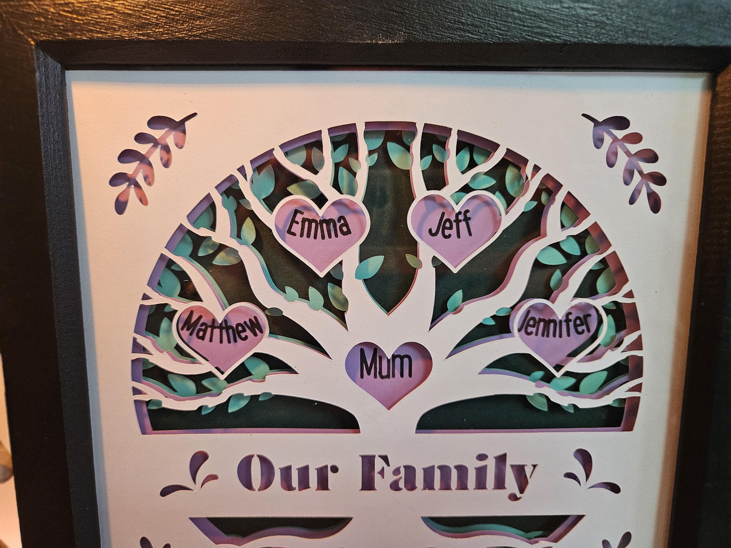 Personalised Family Tree 3D in boxed frame.