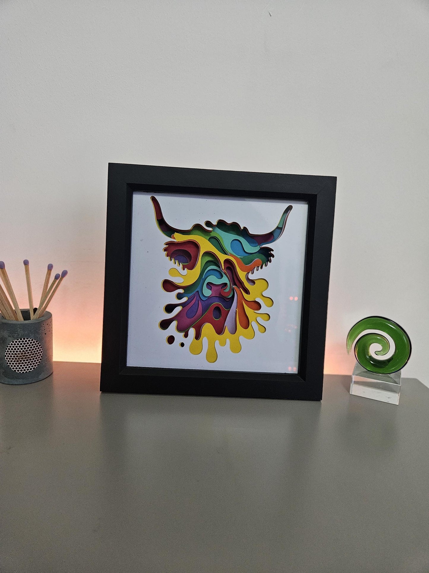 Highland Cow Art. Vibrant Layered 3D Shadow Box Framed