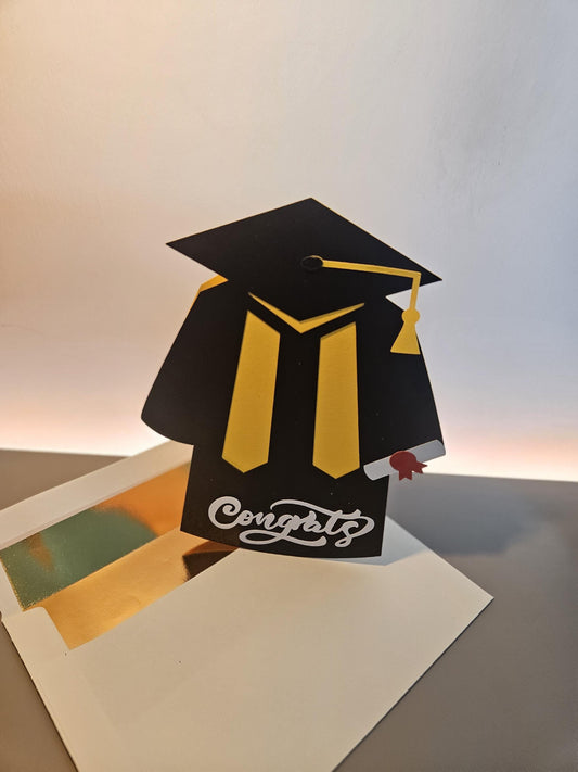 Handcrafted Graduation Card, Cap and Gown. Customisable