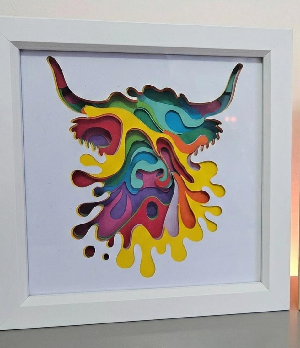 Highland Cow Art. Vibrant Layered 3D Shadow Box Framed