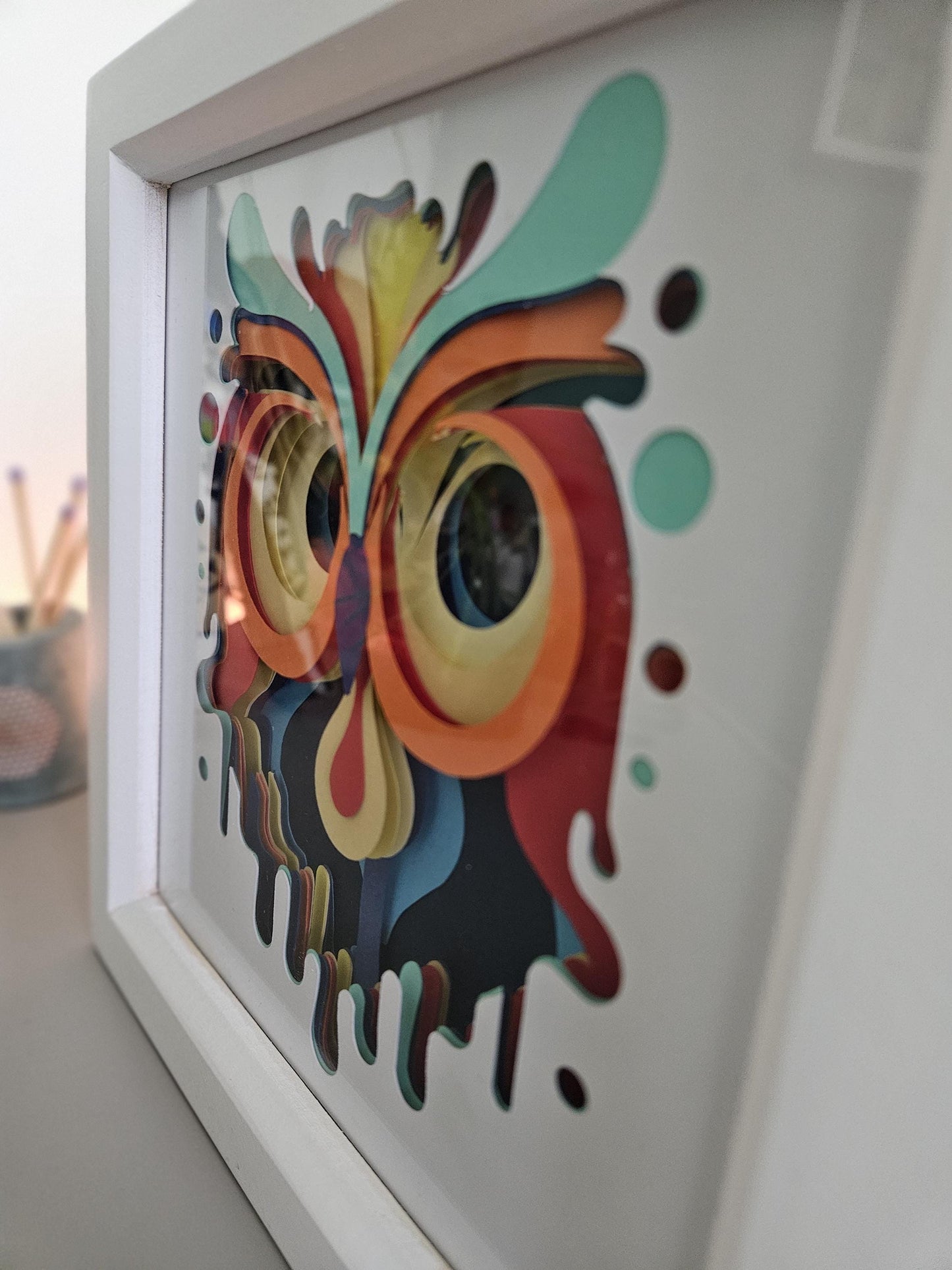 Vibrant 3D layered card-cut owl framed artwork