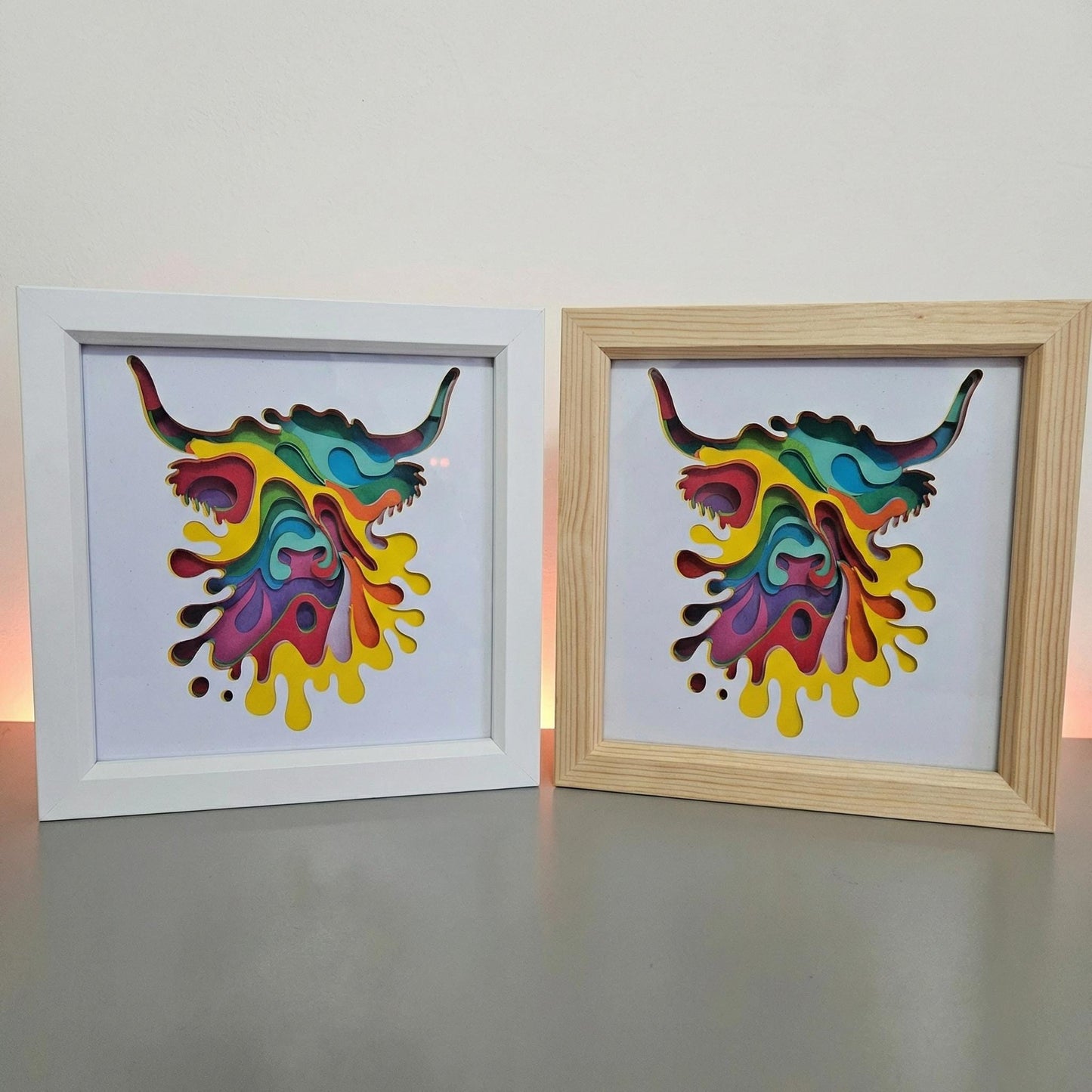 Highland Cow Art. Vibrant Layered 3D Shadow Box Framed
