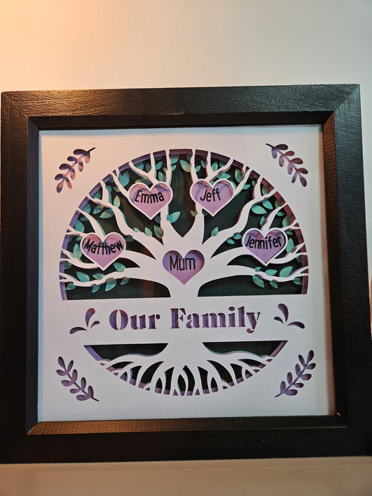 Personalised Family Tree 3D in boxed frame.