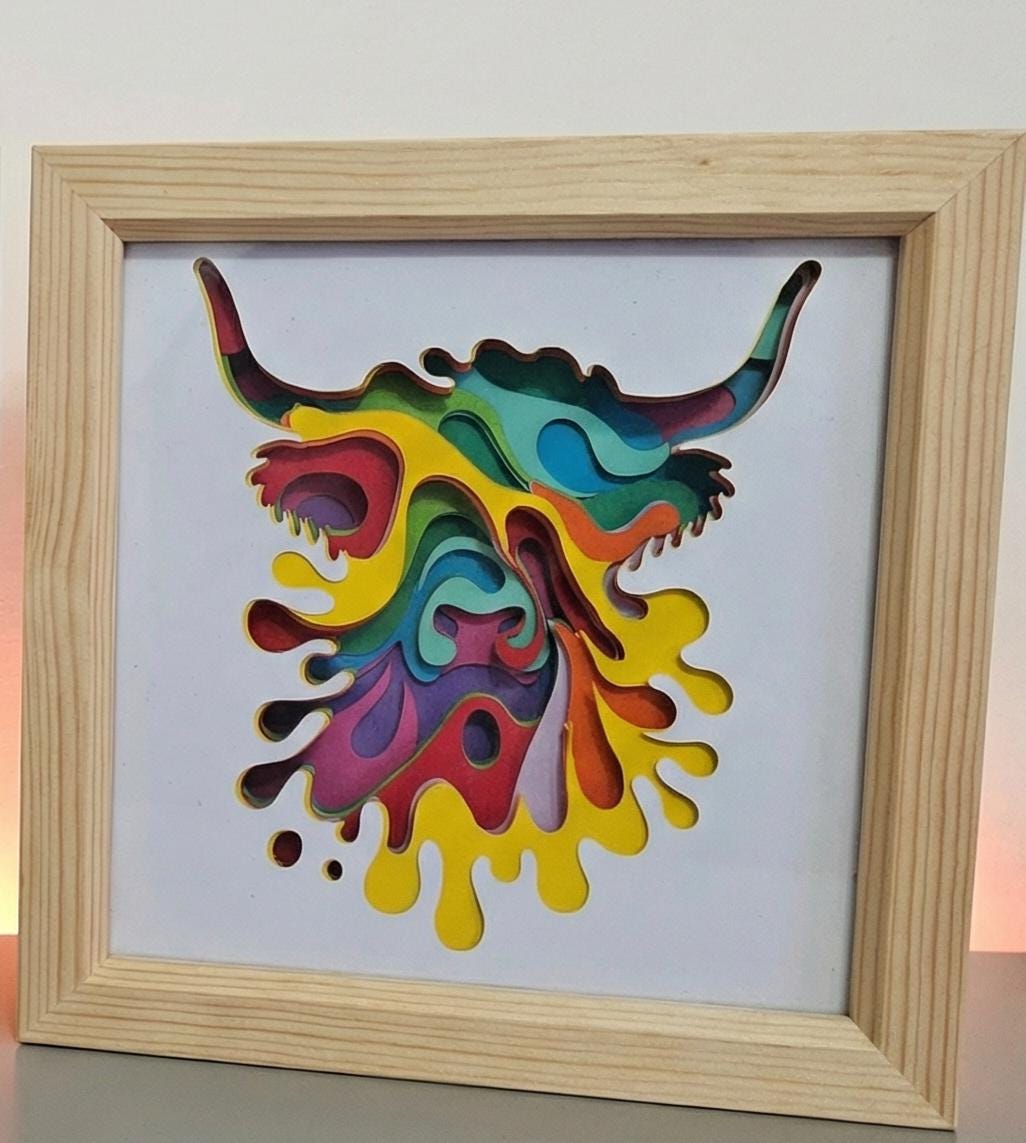 Highland Cow Art. Vibrant Layered 3D Shadow Box Framed