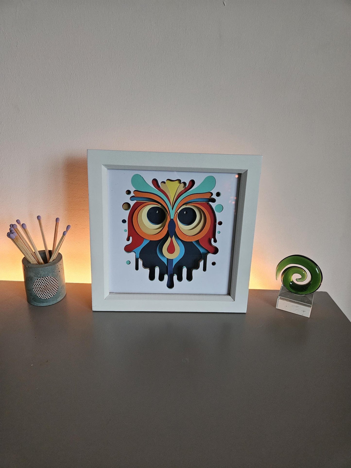 Vibrant 3D layered card-cut owl framed artwork