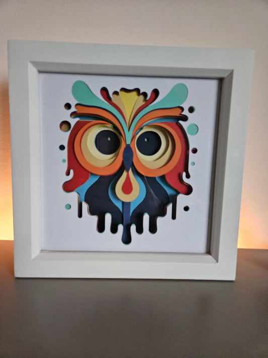 Vibrant 3D layered card-cut owl framed artwork