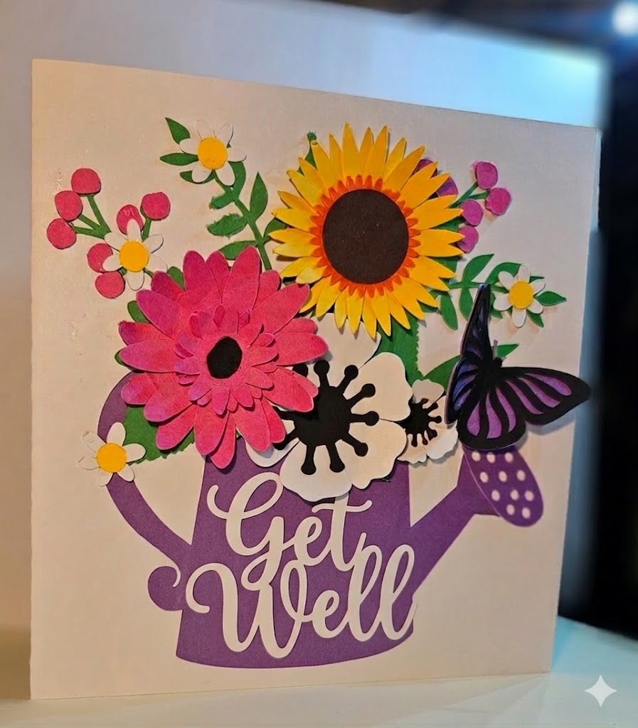 Handmade Watering Can & Floral, Sunflower and Butterfly card. Any Occasion