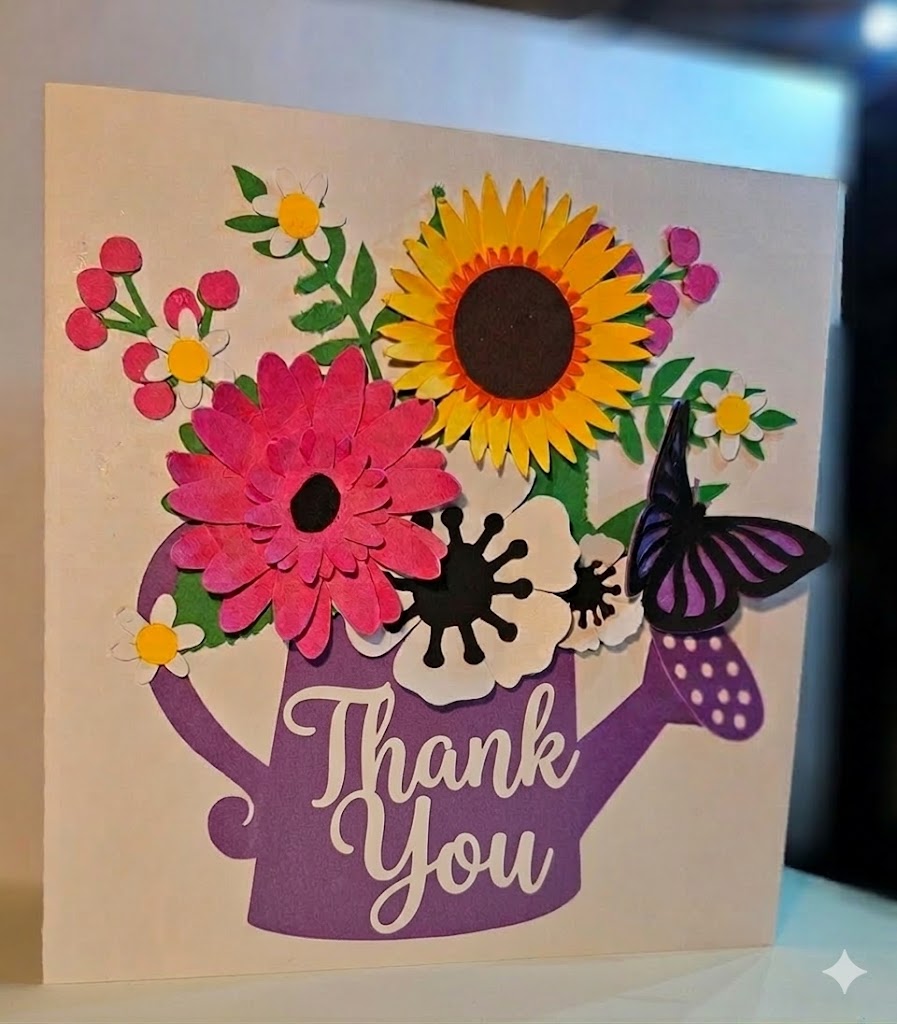 Handmade Watering Can & Floral, Sunflower and Butterfly card. Any Occasion
