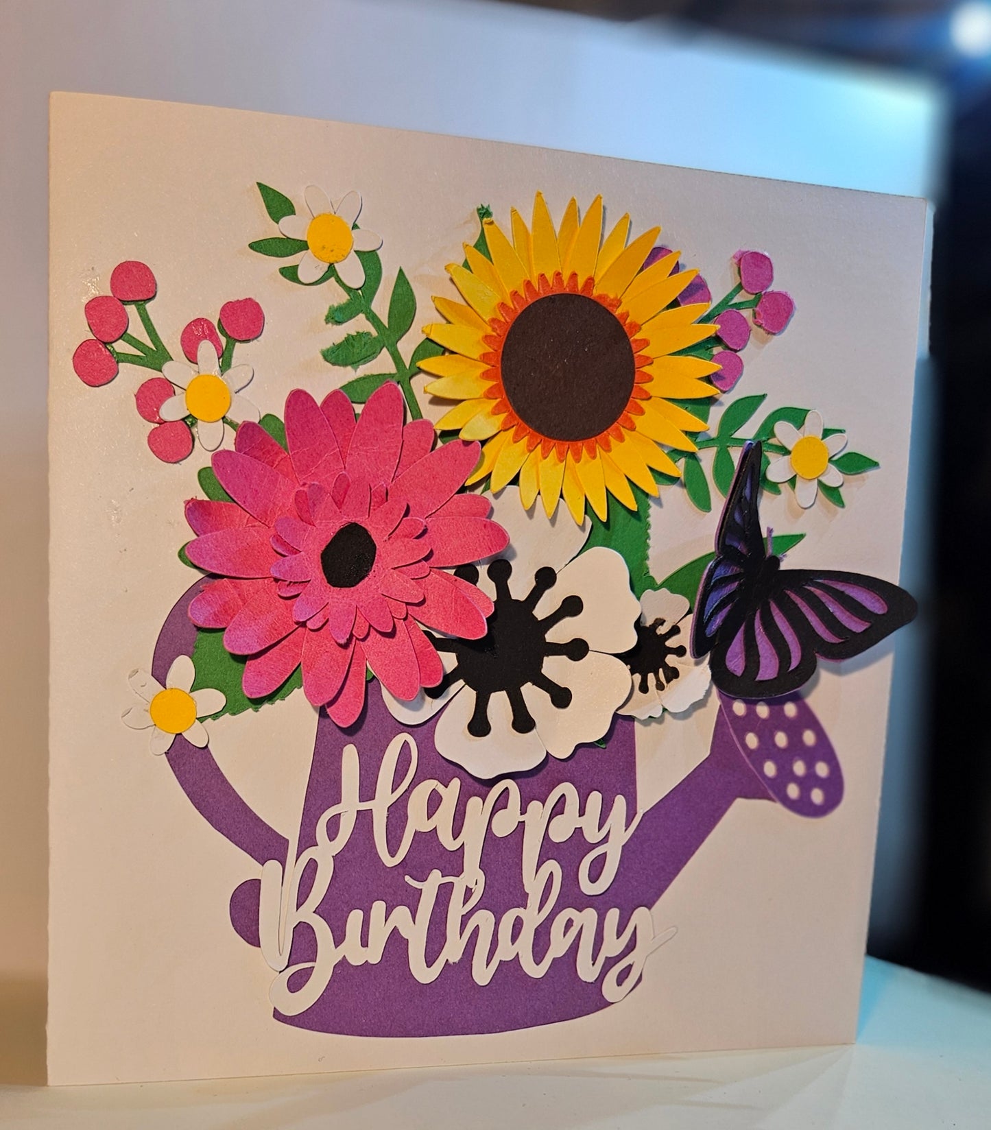 Handmade Watering Can & Floral, Sunflower and Butterfly card. Any Occasion