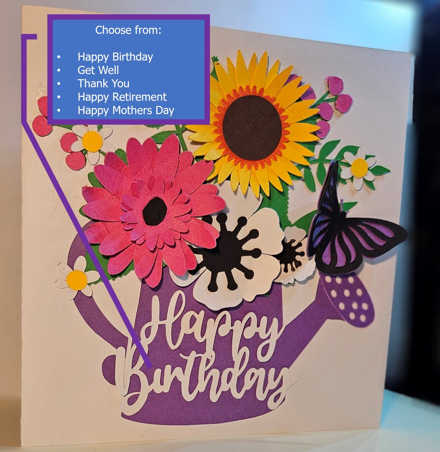 Handmade Watering Can & Floral, Sunflower and Butterfly card. Any Occasion