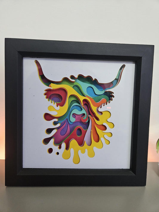 Highland Cow Art. Vibrant Layered 3D Shadow Box Framed