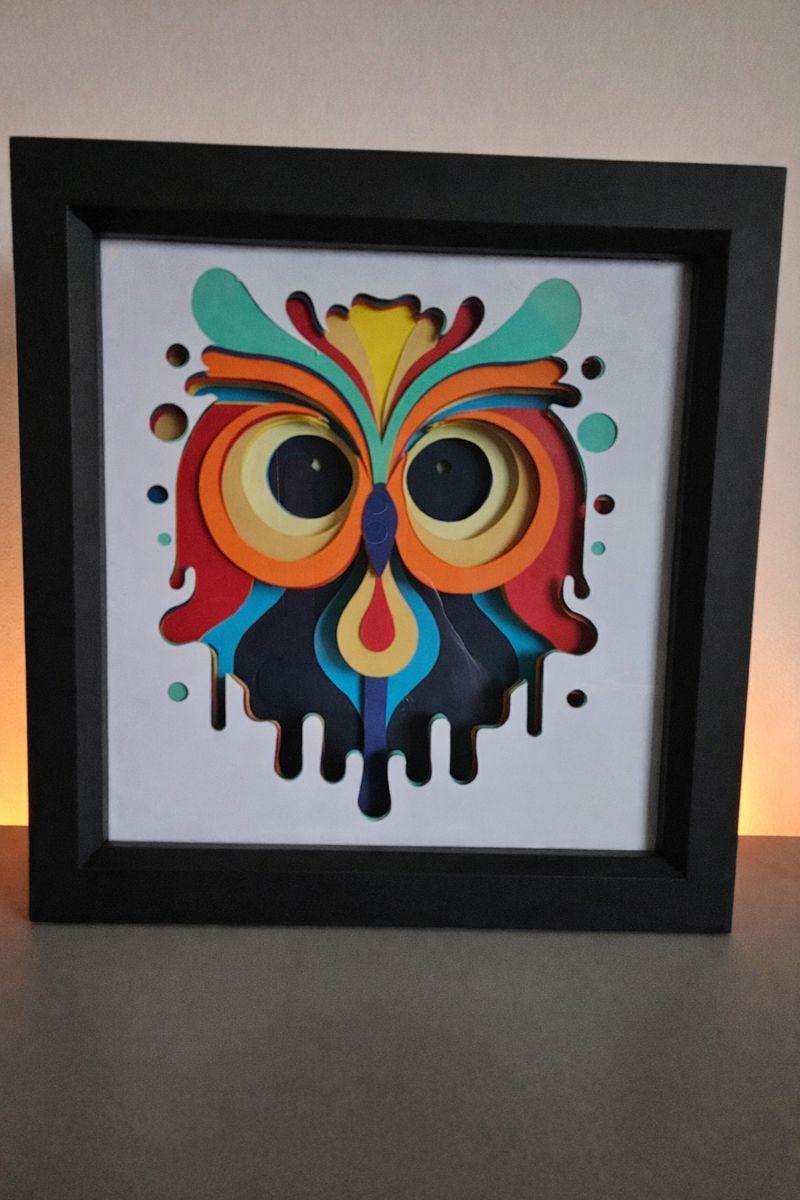 Vibrant 3D layered card-cut owl framed artwork